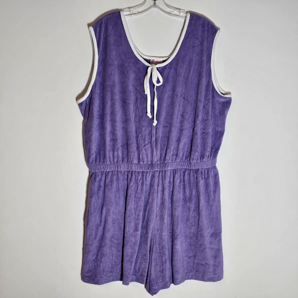 VTG Terry Cloth Granada Romper Womens 3XL Purple White Short Beach Jumsuit 70s